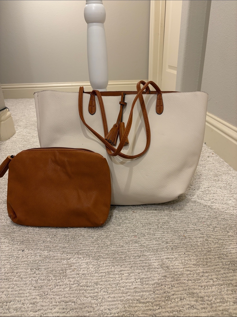 Street Level Reversible White/Brown Tote with Matching Pouch
